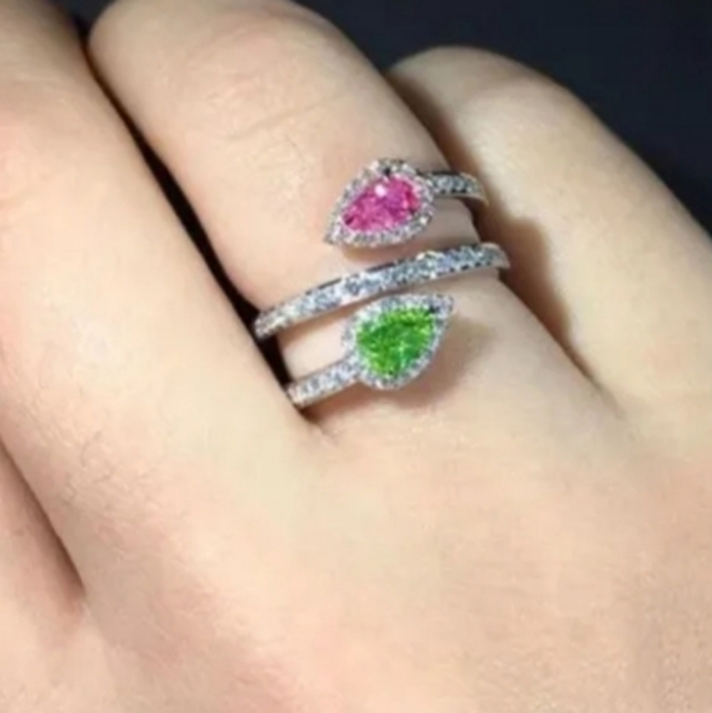 Elegant Silver Ring with Pink and Green Stones Sz 8